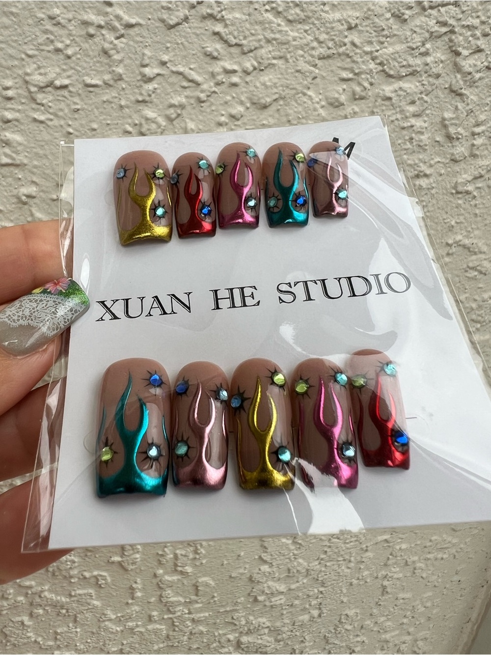 Handmade Press On Nails Colorful Chrome Flames Size Medium Set of 10
